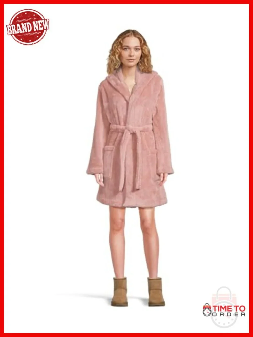 Hooded Plush Fleece Lounge Robe with Pockets, Self Tie Belt